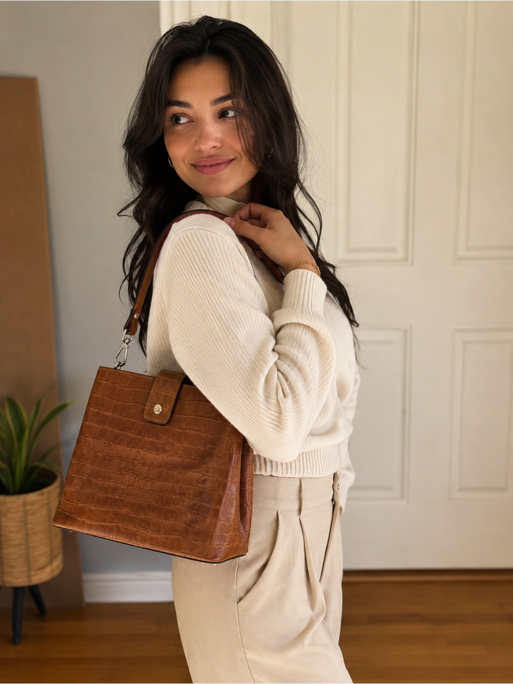 Cognac Croc-Embossed Leather Shoulder Bag
